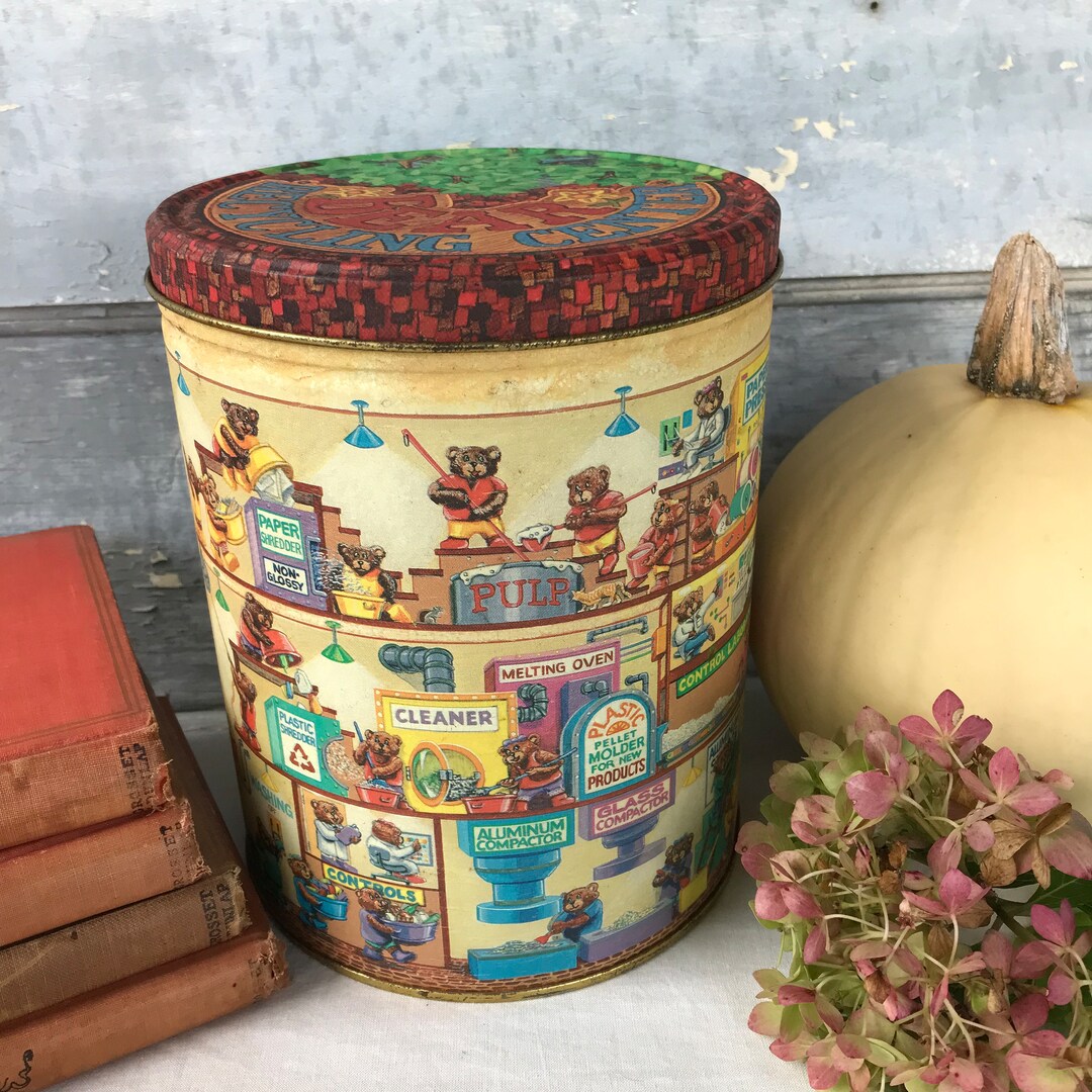 Vintage Teddy Bears Recycling Center Tin, Large Tin, Decorative Storage