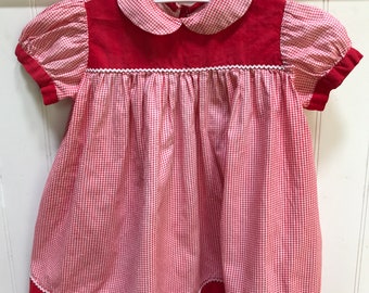 Vintage Handmade Red and White Check Baby Dress, Snaps Puffed Sleeves Baby Rick Rack! Gingham