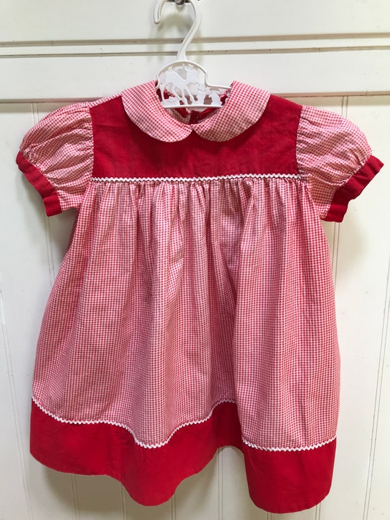 Vintage Handmade Red and White Check Baby Dress, S