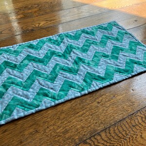 May include: A rectangular, quilted mat with a chevron pattern. The design features alternating bands of teal and light blue. The mat is likely made of fabric and has a stitched border. The item is placed on a wooden surface.