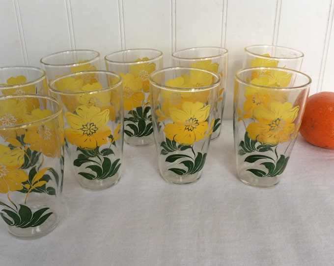 Set of 9 Vintage Small Juice Glasses, Yellow Flowers Juice Glasses