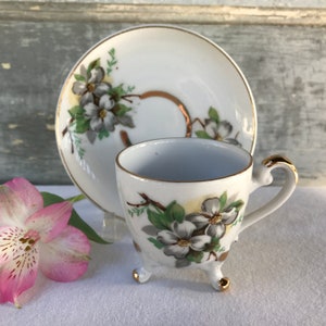 Vintage Tri Footed Dogwood Demitasse/Chocolate Cup and Saucer, Enesco Imports, Gold Trim, Floral Dogwood Blossom, Japan