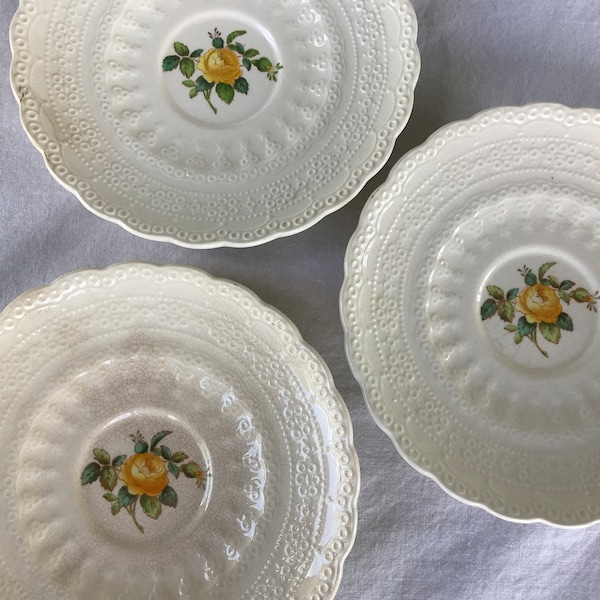 Set of 3 Vintage Spode Saucers, 1926 Spode's Jewel, Yellow "Spode's Billingsley Rose", Copeland England, Scalloped Edge, Shabby Glaze CHIP