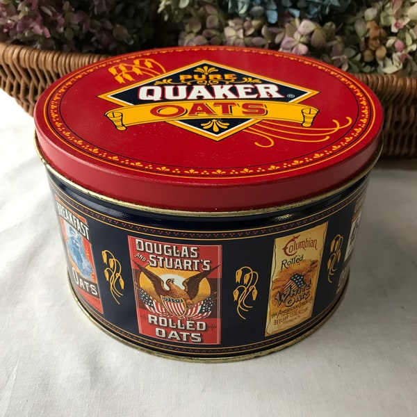 Vintage Pure Quaker Oats Tin, Historic Quaker Oats Co. Labels, Reproduction Vintage Advertising, Akron Ohio, Good Condition
