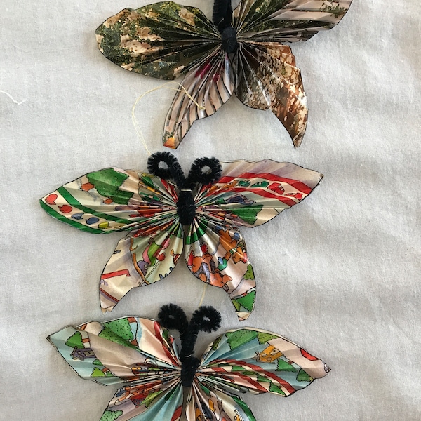 Lot of 7 Pretty Handmade Paper Butterfly Ornaments, Recycled Paper Ornaments, Upcycled