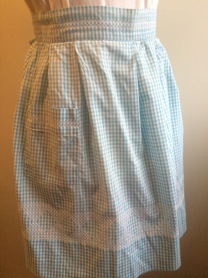 Vintage Aqua Green Gingham Cross Stitched Embroidered Apron Home Sewn Vintage Aqua Green Gingham Cross Stitched Embroidered Apron Home Sewn
