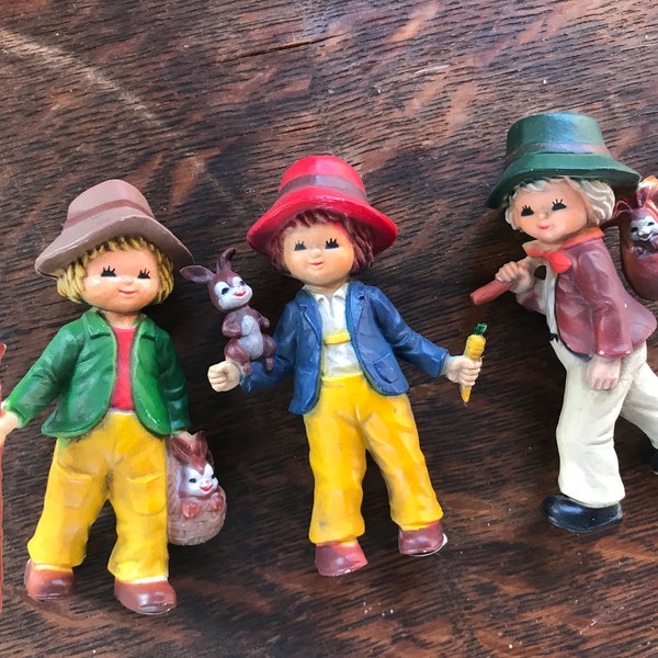 Set of 3 Vintage Resin "Little Traveler" Ornaments, Little Boy with Hobo Sack and Bunny, Folklore, Shabby Chic, #2