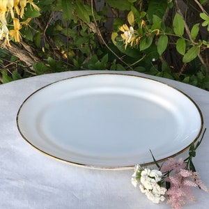 Vintage Corning Crown Milk Glass Platter: Gold Trim Oval Serving Dish