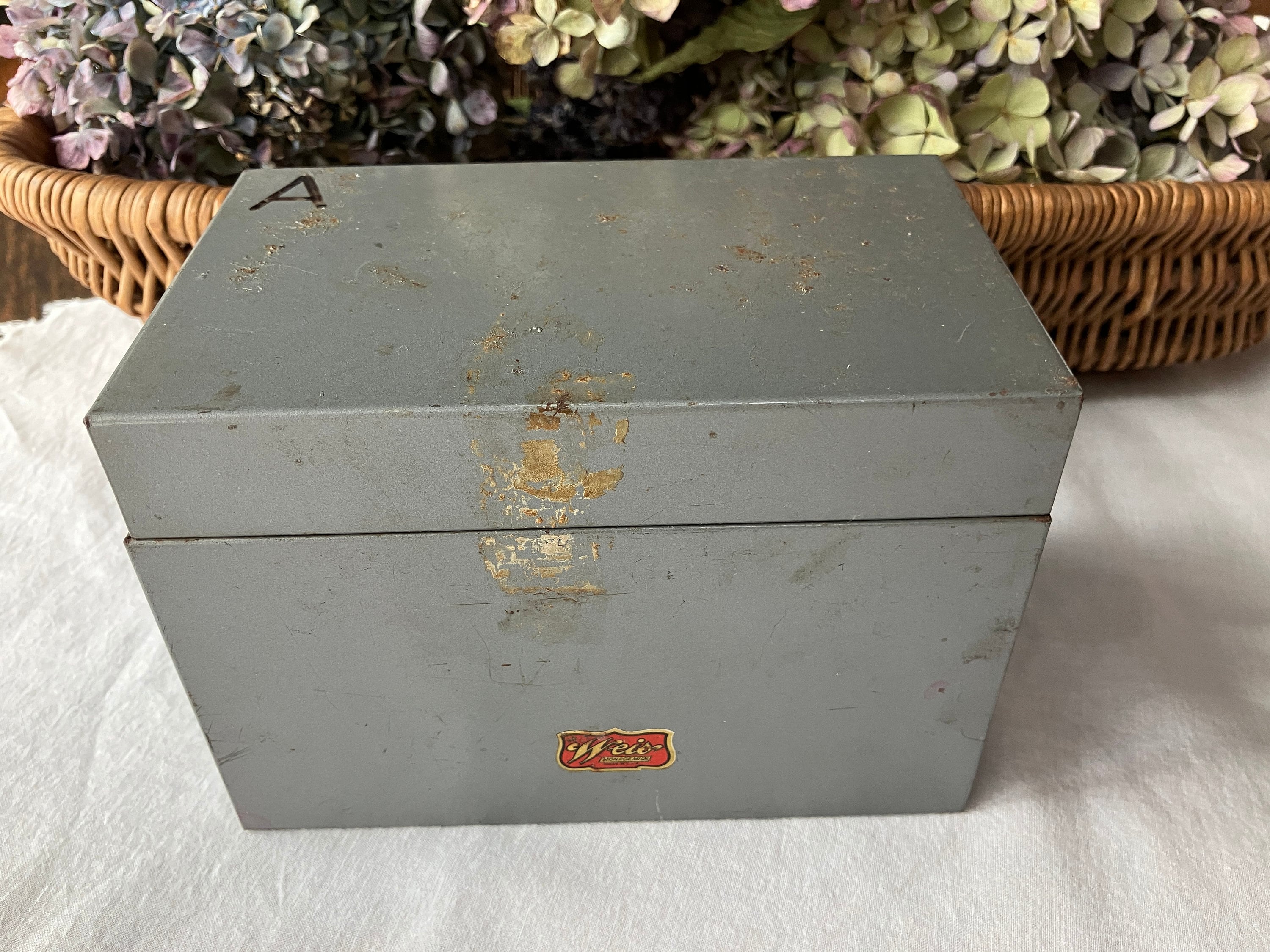 Vintage Weis Gray Metal File Box, Monroe Michigan, 6.5 x 4 Inches, Vintage Storage