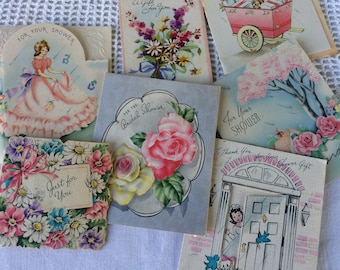 Vintage Supply Lot of 7 Used Bridal Shower Cards,Collage Scrapbooking Journaling Tag Making, Shabby Chic,1940's