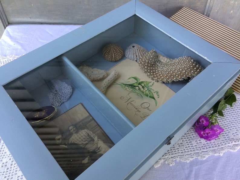 Wooden Shadow Box Display Case With Hinged Lid Shabby Blue Etsy