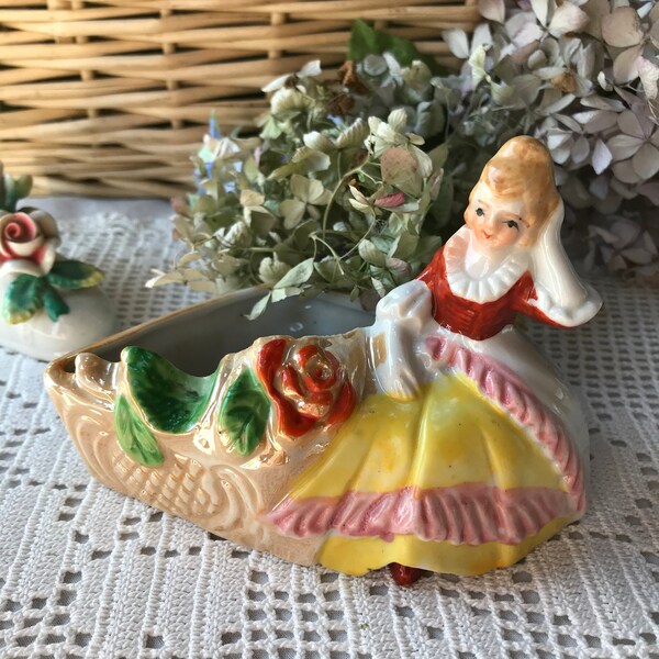 Vintage Tiny Regency Era Lady Ashtray/Planter/Trinket Dish, Ceramic Lady in Crinoline Skirt Planter/Ashtray, Tobacciana, Kitsch, Japan