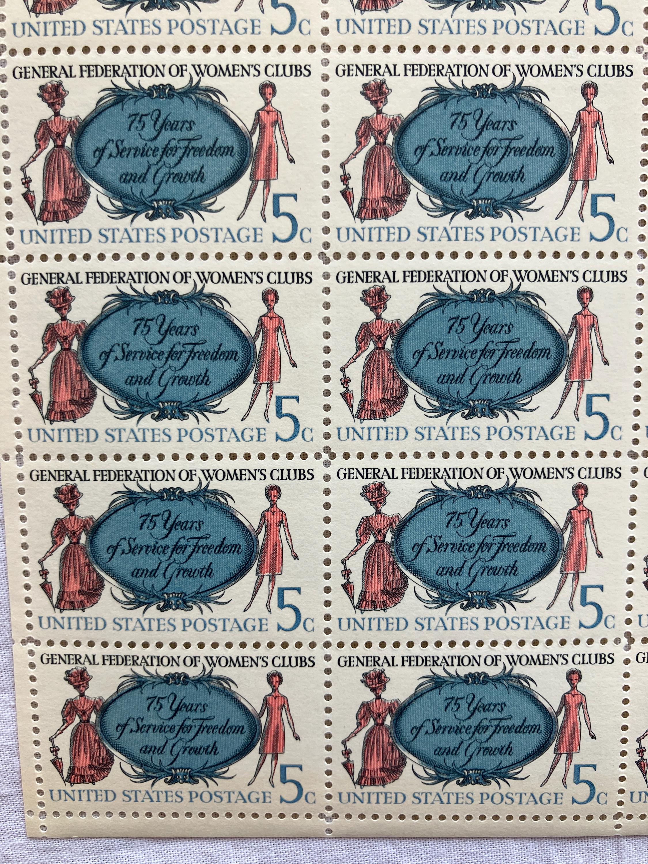 Sheet of 50 General Federation of Women’s Clubs 75 Years, USPS Postage Stamps, 5 Cent Stamps, Scrapbooks Junk Journals, Art Projects