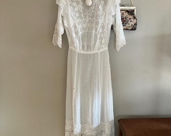 RARE Antique 1900 Edwardian Women's White Cotton Lace Lingerie Dress, Summer Tea Dress, XXS