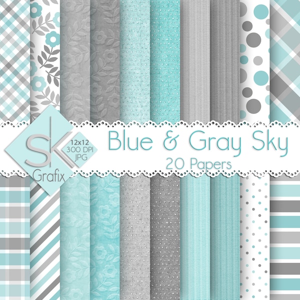 Blue and Gray Sky - Digital Paper Pack / Printable Scrapbook Paper / Stripes / Solid Colors / Plaid / Dots