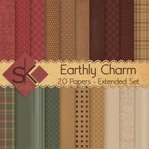 May include: A digital paper pack with 20 different patterns in earthy tones of brown, red, green, and beige. The patterns include plaid, stripes, polka dots, and geometric designs. The text "Earthy Charm 20 Papers - Extended Set" is displayed on a banner.