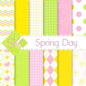 Spring Day - Digital Paper Pack - Yellow / Green / Pink / Pastel Colors / Printable Scrapbook Paper / Stripes / Polka Dots / Plaid