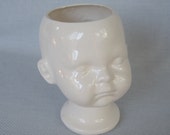 Doll head planter with closed eyes white ceramic - flower vase hollow doll head