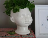 Doll head planter with open eyes white ceramic - flower vase hollow doll head