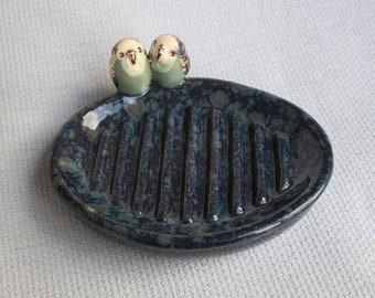 dark blue ceramic soap dish with 2 parakeets - budgie birds bathroom jewelry plate empty pocket soap holder