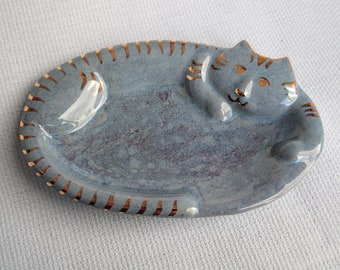 ceramic grey blue cat soap dish - bathroom jewelry plate empty pocket soap holder gold