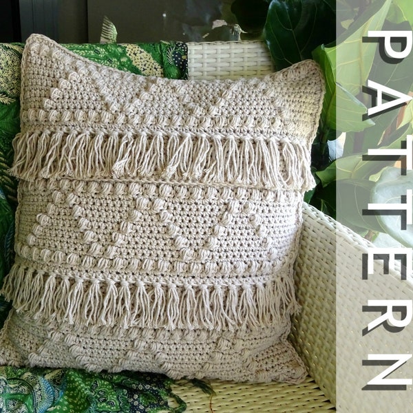 Crochet Cushion Cover Pattern | DIY Boho Crocheted Tassel Throw Pillow PDF Patterns Tutorial Download | Bohemian Homewares Home Decor 0148