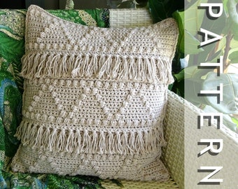 Crochet Cushion Cover Pattern | DIY Boho Crocheted Tassel Throw Pillow PDF Patterns Tutorial Download | Bohemian Homewares Home Decor 0148