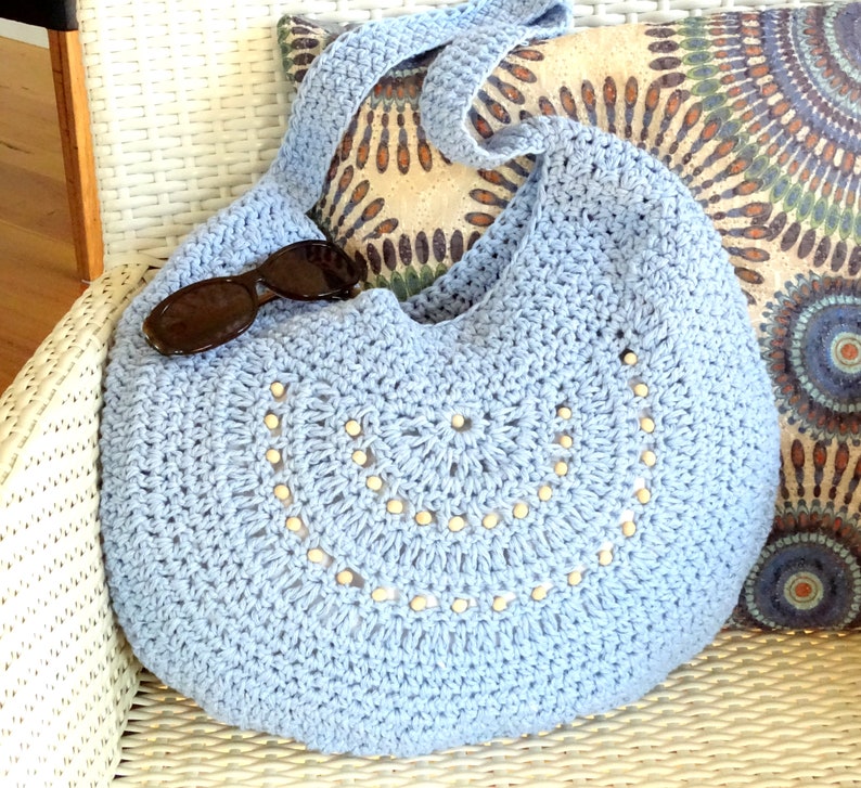 Crochet Bag Crocheted Cotton Tote Beach Bag Beaded Boho Etsy
