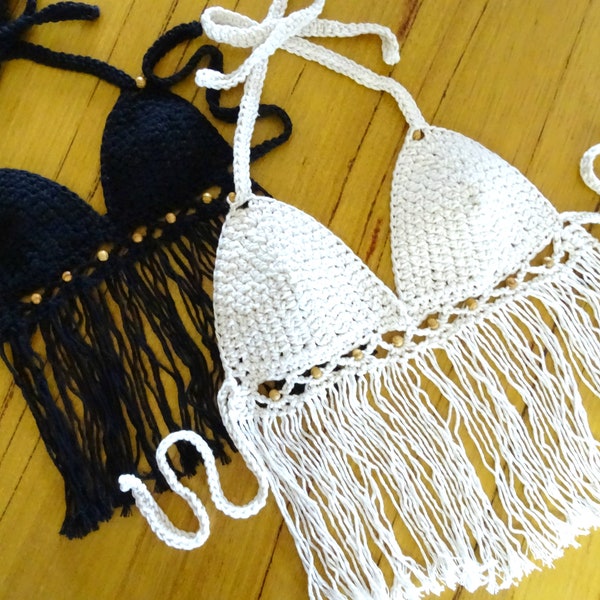 Crochet Boho Top Pattern Download | Crocheted Tassel Bikini Halter Crop Top PDF Pattern | Beaded Bohemian Clothing Festival Top 0114