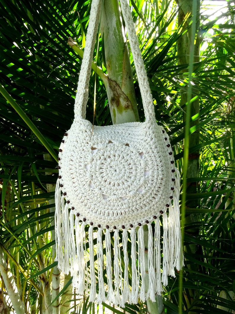Crochet Tassel Bag With Beading Fringed Boho Beach Bag Etsy