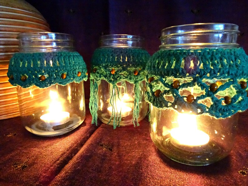 Any 2 Crochet Beaded Mason Jar Candle Cozy Cover Crocheted Etsy