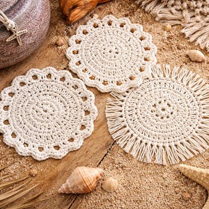 Crochet Coaster Set Pattern PDF – Easy Fringed Beaded DIY Mug Rugs