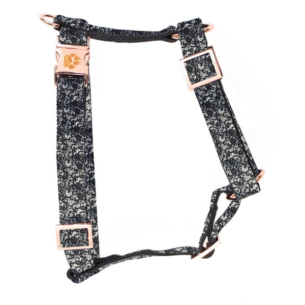 Black & White Lace Printed Dog Harness with Rose Gold Hardware