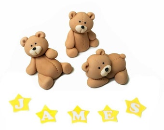 Teddy bears EDIBLE cake toppers / personalised name/  birthday baby shower christening / fondant cake decoration
