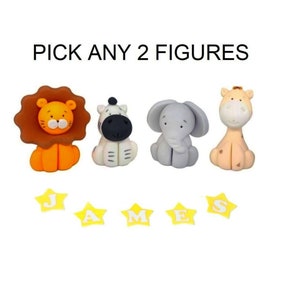 2x Edible Animals Cake Toppers Set Safari Jungle Lion Elephant Giraffe Zebra Figures Kids Birthday Party Decoration Supplies Edible Glue