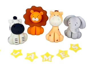 Edible Personalised Animals Cake Toppers Set Lion Giraffe Zebra Elephant Figures Kids Birthday Party Decor Supplies Edible Glue - 4 Pcs