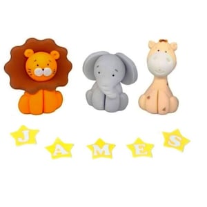 3x Animals Cake Toppers Set - Edible Fondant Lion Elephant Giraffe Figures Cupcake Birthday Party Decorations Comes with an Edible Glue