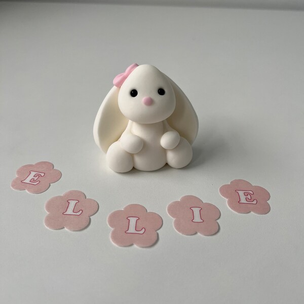 Bunny Cake Topper Set Personalised Name Edible Rabbit Birthday Baby Shower Decoration Icing Fondant Figure with an Edible Glue