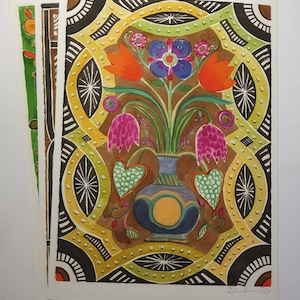 A4 OR A3, print - C17th flowers in vase - image from embroidery/wall painting 1600s- from original ink drawing