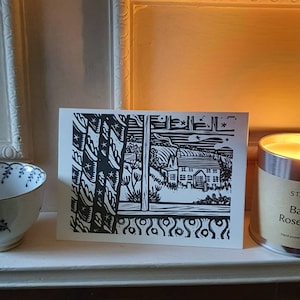 Scène d’hiver - Carte vierge - typographie imprimée originale paysage en linogravure, champs Carte ROUGE ou NOIRE