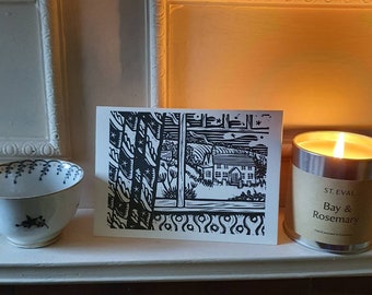 Winter Scene - Blank Card - letterpress printed original linocut landscape, fields RED or BLACK card