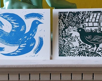 Dove or Blackbird- Blank Card - letterpress printed from original linocut - garden scene - blue bird