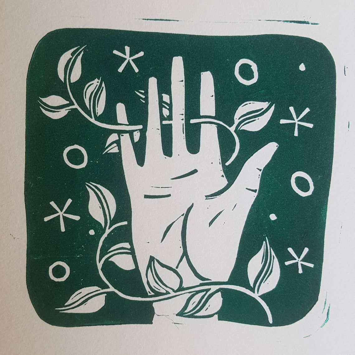 Linocut 'hand and Nature' Hand Made Print Green Etsy