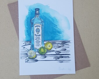 A6 greeting card Gin Lemons and Lime - Bombay Sapphire - Blues