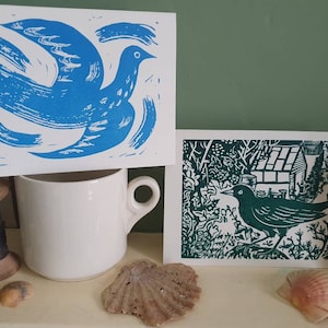 Pomba Azul ou Jardim Melro - Cartão em Branco - impressão tipográfica a partir de linogravura original