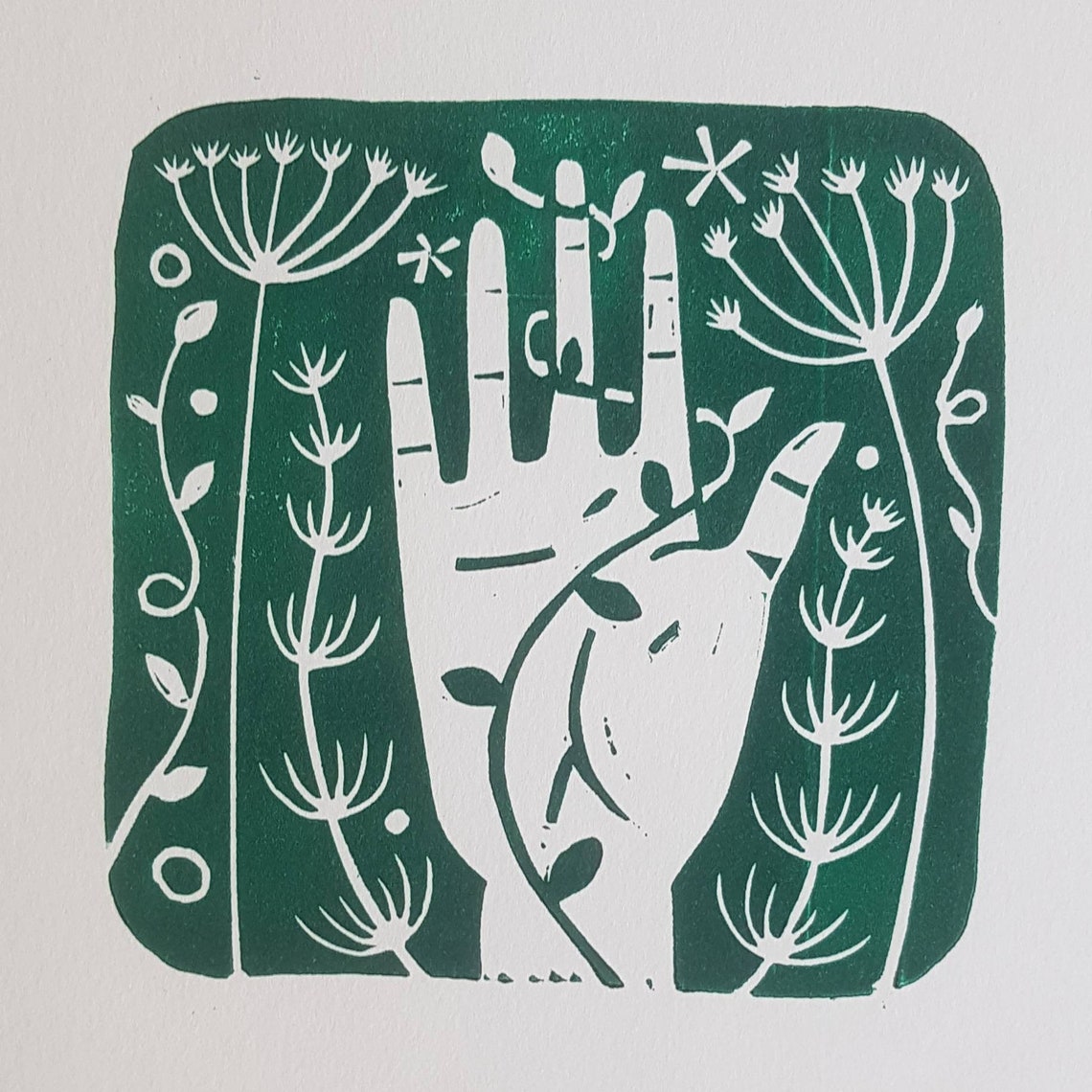 Linocut 'hand and Nature' Hand Made Print Green Etsy