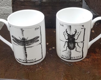 Bugs on Mugs - Dragonfly or Stag Beetle - bone china - stylish black and white
