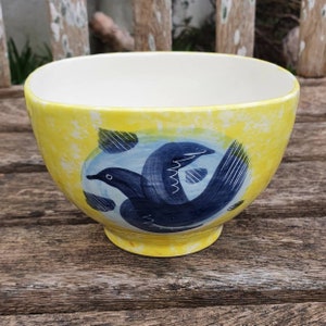 Bluebird /Dove Sunshine footed bowl freehand painted yellow/blue 25% net to Ukraine charity