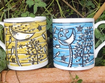 Blue or Yellow 'Linocut Flowers' bone china mug - all over linocut image - sweet size