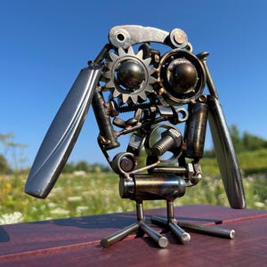 Metal owl sculpture Magic Metals reclaimed art